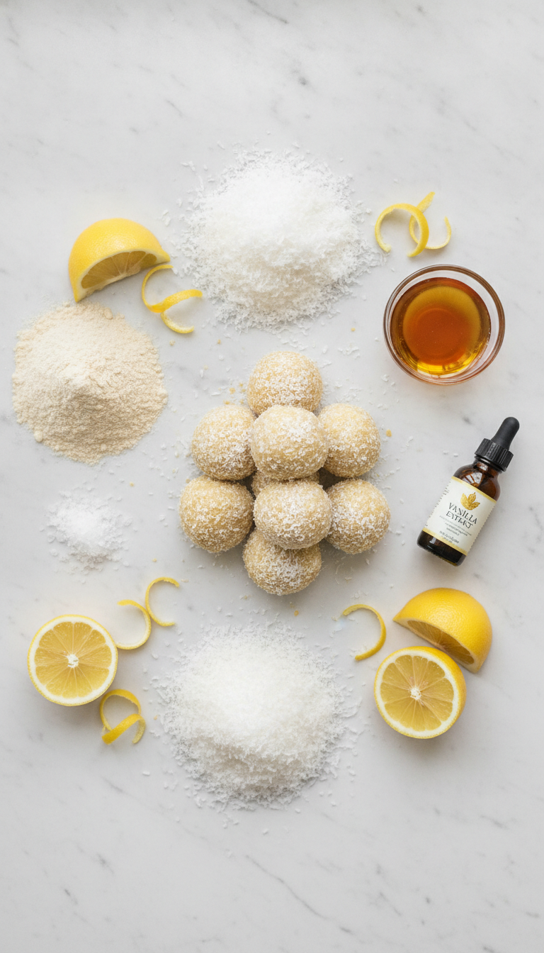 Fresh ingredients for No Bake Coconut Lemon Energy Balls including whole lemon, almond flour, shredded coconut, maple syrup, and vanilla extract arranged on a clean white surface