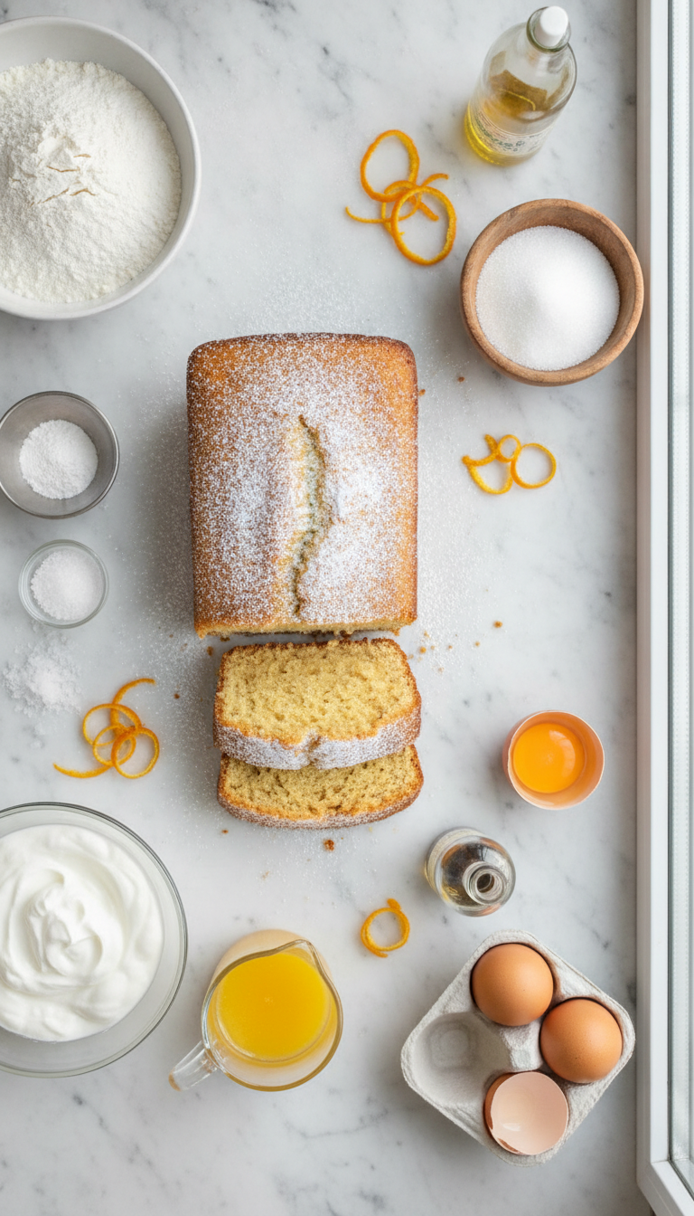 Fresh ingredients for Orange Loaf Cake arranged on marble countertop including oranges, eggs, Greek yogurt, and flour
