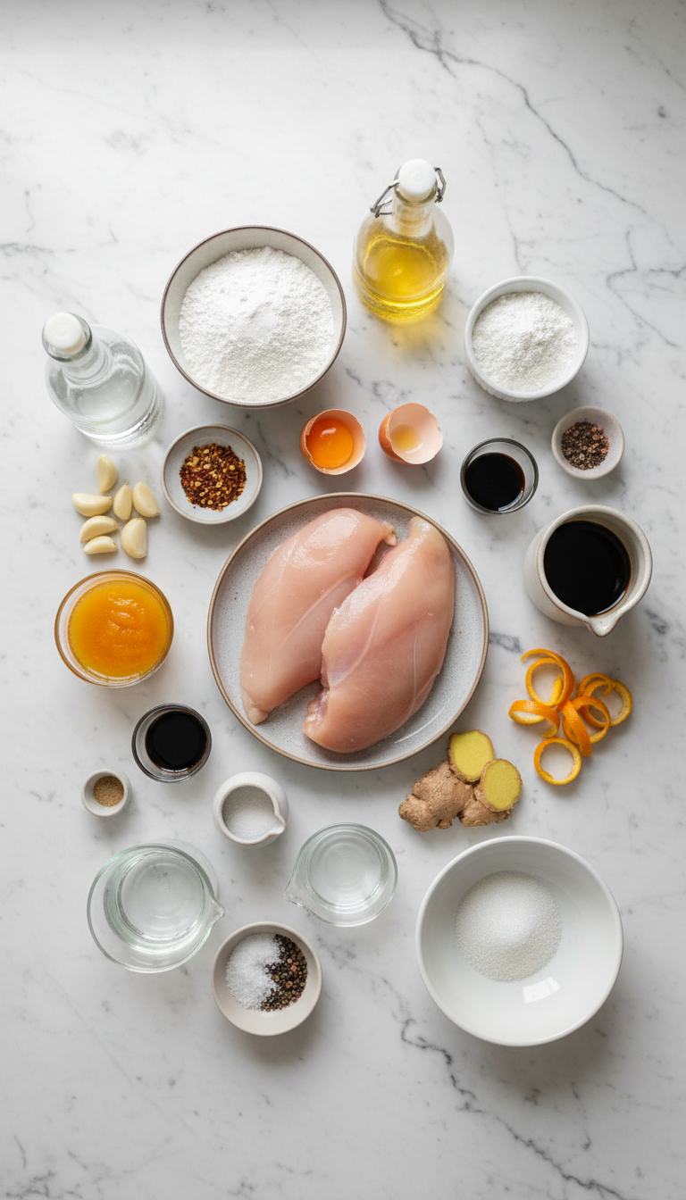 Fresh ingredients for Panda Express Orange Chicken including golden chicken pieces, vibrant orange sauce components, and aromatic seasonings arranged on a clean white surface