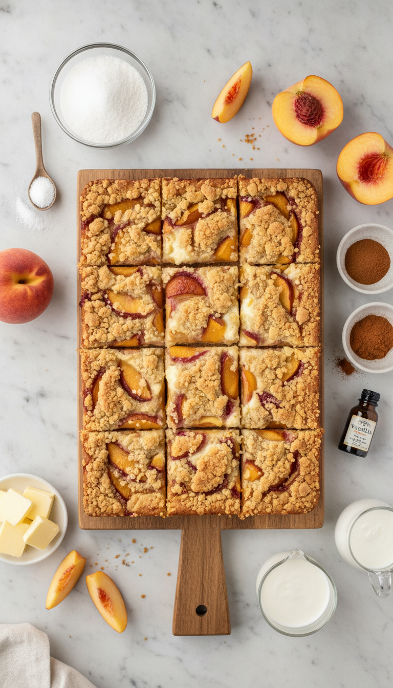Fresh ingredients for peaches and cream crumble bars including golden peaches, flour, butter, and cream arranged on marble countertop