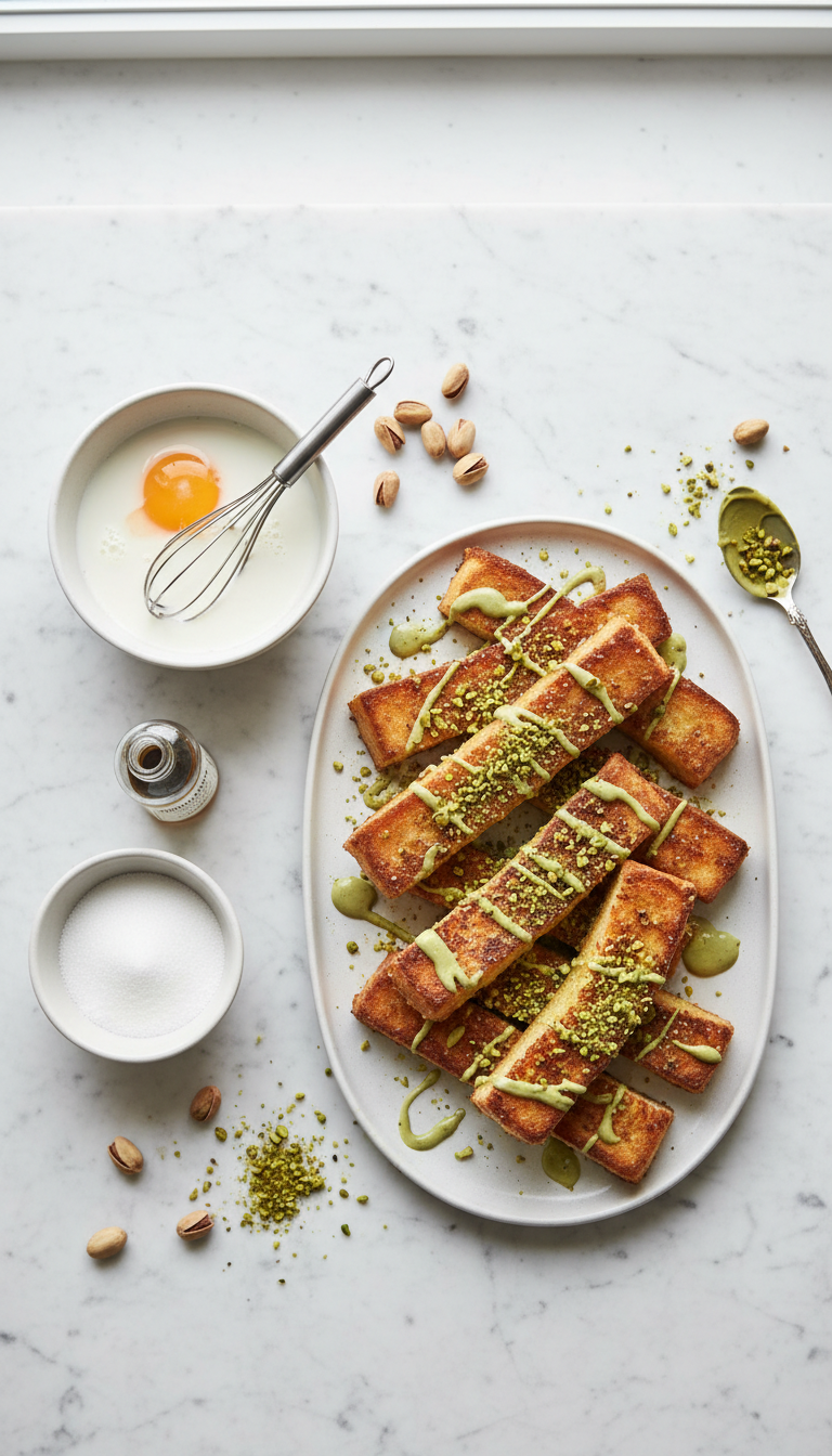 Fresh ingredients for pistachio french toast sticks including farm loaf bread, eggs, milk, vanilla, sugar, pistachio cream and chopped pistachios arranged on a wooden cutting board