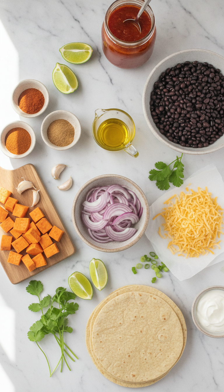 Fresh ingredients for One-Pan Vegetarian Enchilada Skillet with Sweet Potatoes and Black Beans arranged on a wooden cutting board