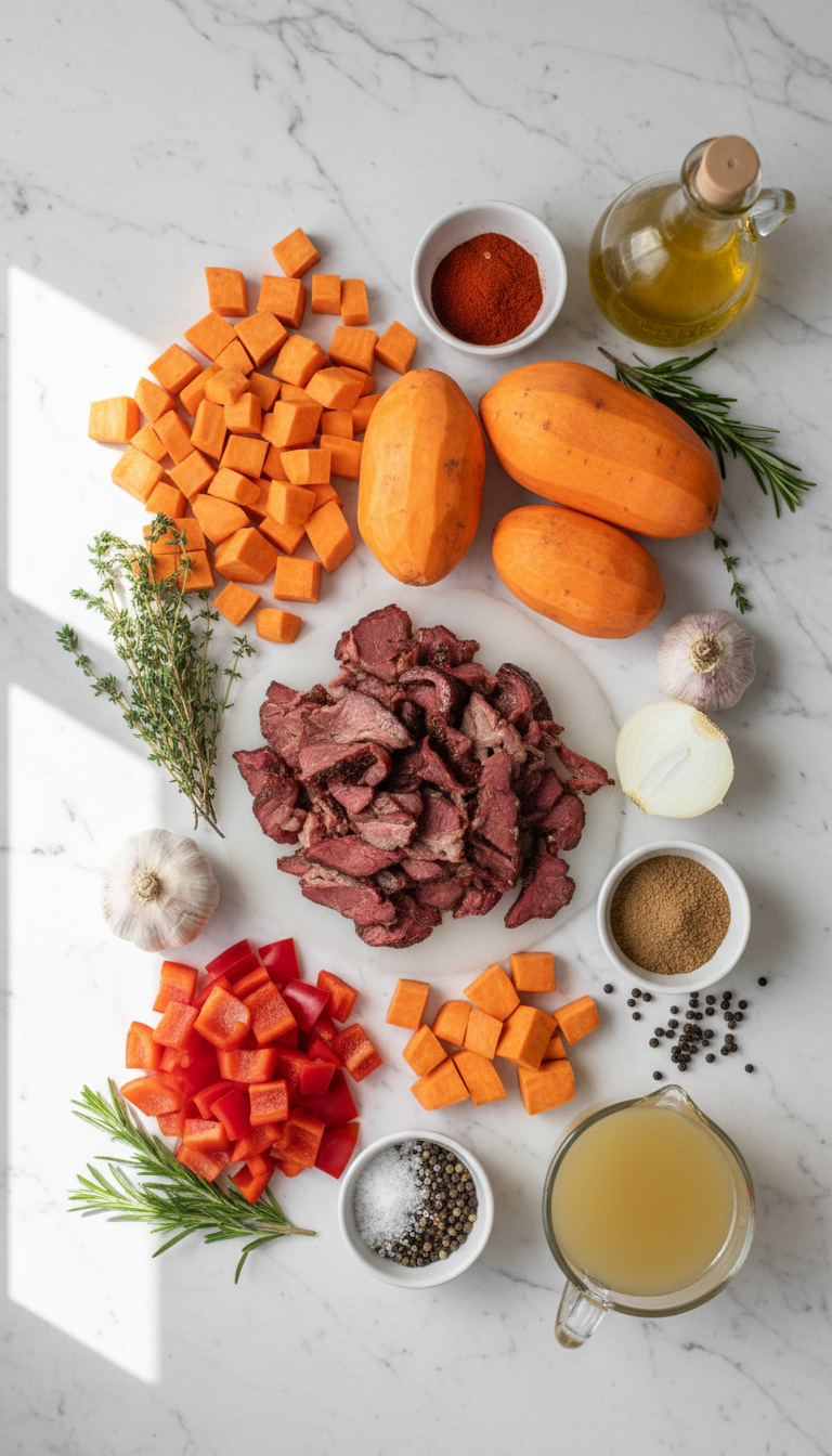 Fresh ingredients for smoked beef sweet potato bake including ground smoked beef, diced sweet potatoes, bell pepper, onion, and aromatic spices arranged on a wooden cutting board