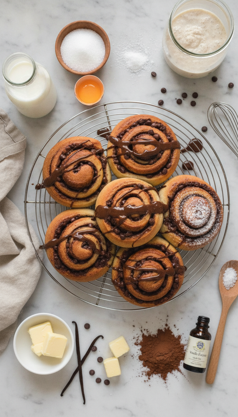 Beautifully arranged ingredients for sourdough chocolate rolls including active sourdough starter, cocoa powder, chocolate chips, and butter on a marble countertop