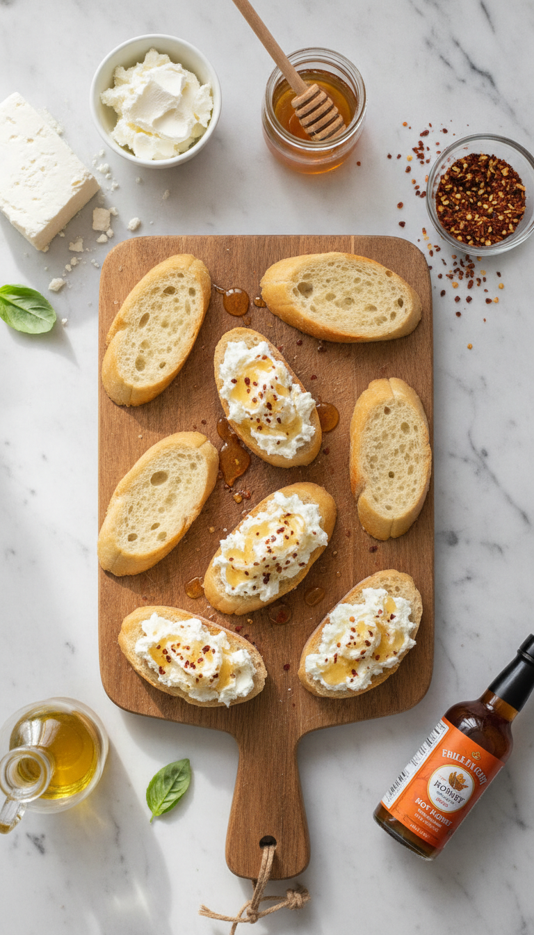Fresh ingredients for sweet and spicy whipped feta crostini including blocks of feta cheese, cream cheese, honey, red pepper flakes, baguette slices, and olive oil arranged on a marble countertop