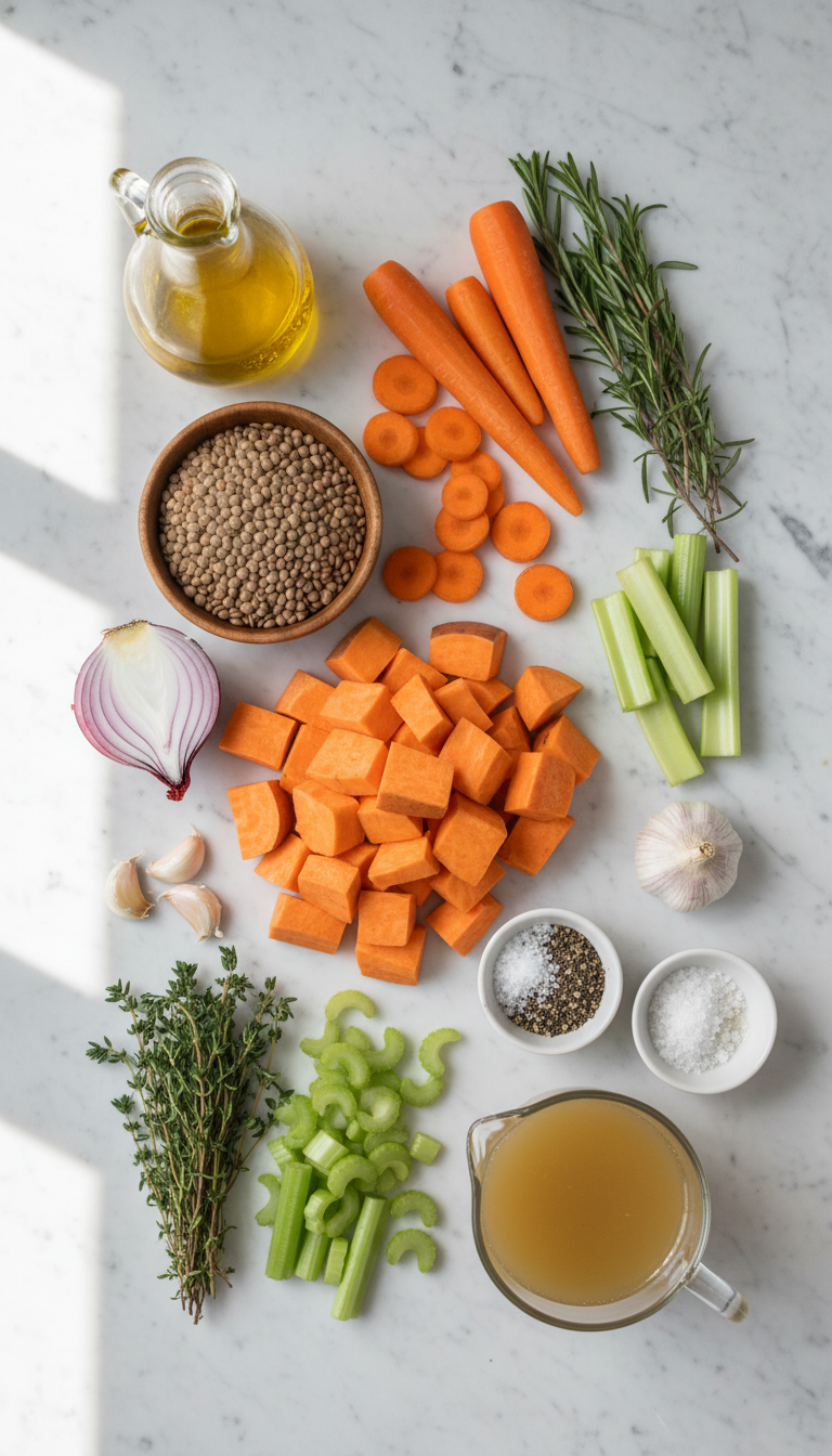 Fresh ingredients for sweet potato and lentil shepherd's pie including sweet potatoes, lentils, vegetables, and herbs arranged on a wooden cutting board