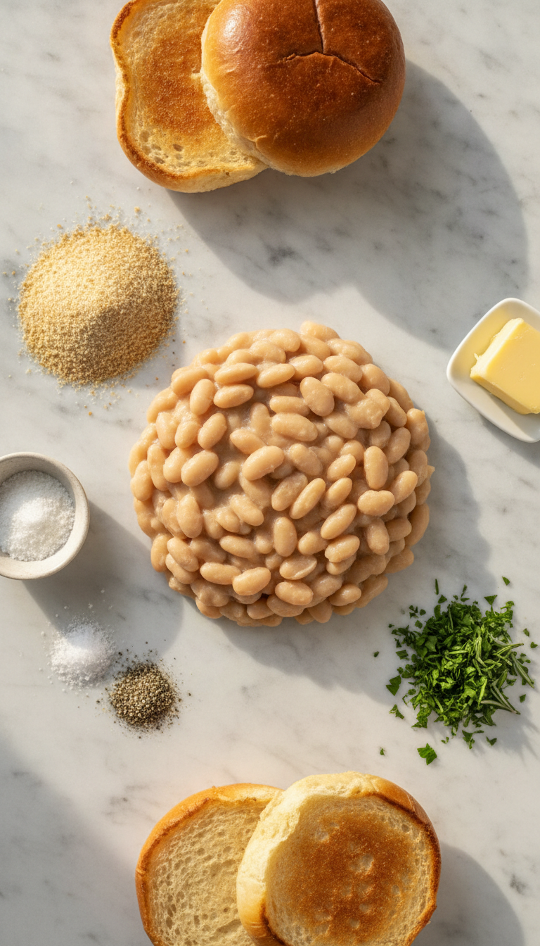 Fresh ingredients for white bean veggie burgers including cannellini beans, herbs, and breadcrumbs arranged on a clean kitchen counter