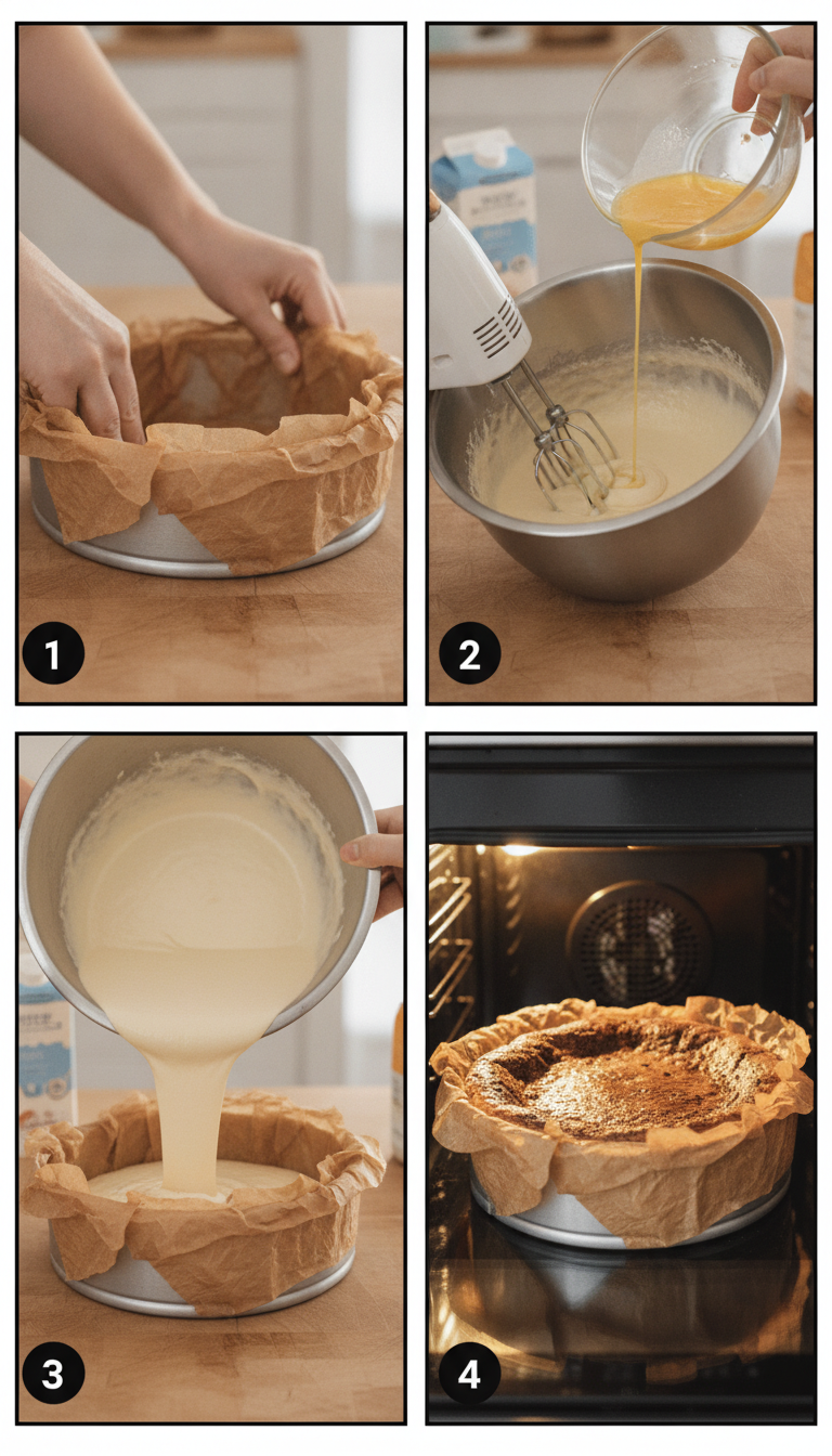 Step-by-step visual guide showing the process of making Basque cheesecake from mixing ingredients to the final burnt top