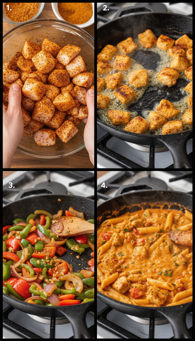 Step-by-step visual guide showing the cooking process from seasoning chicken to the final plated Cajun Chicken Pasta dish