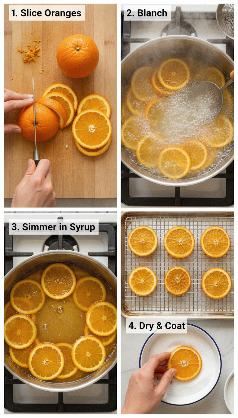 Step-by-step process of making candied orange slices showing slicing, blanching, and candying stages