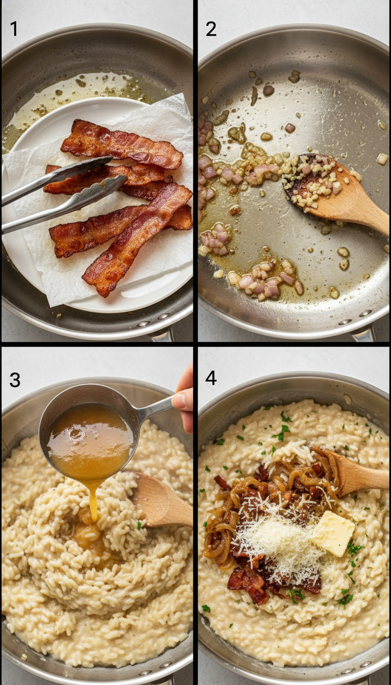 Step by step process of making caramelized onion beef bacon parmesan risotto