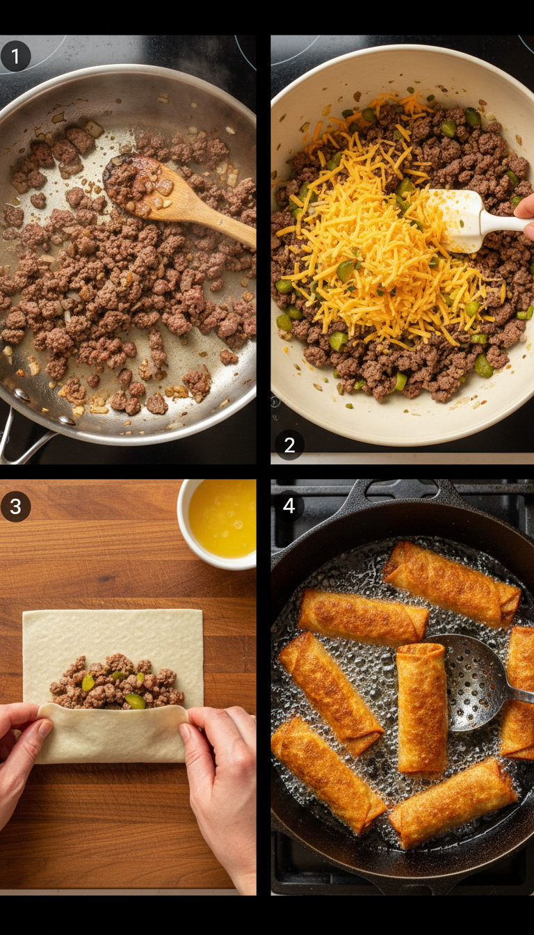 Step-by-step process of making cheeseburger egg rolls showing filling preparation, wrapping technique, and frying