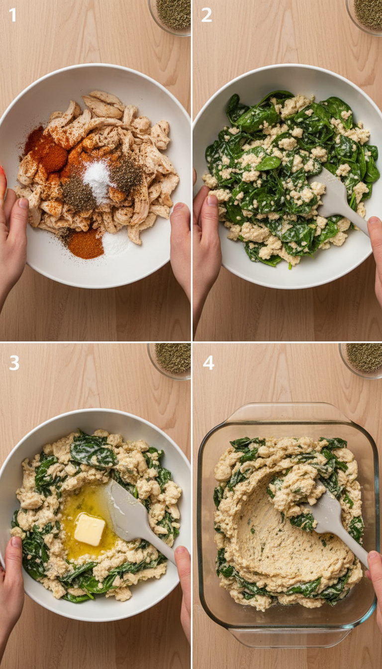 Step by step preparation of Creamy Chicken Cauliflower Rice Casserole showing mixing ingredients and transferring to baking dish