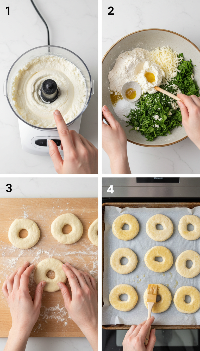Step-by-step process of making spinach cottage cheese flagels from mixing ingredients to shaping and baking