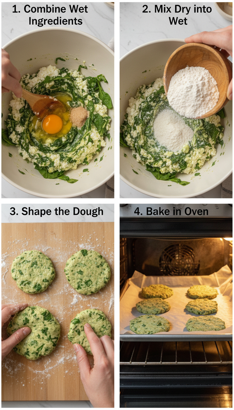 Step-by-step process showing mixing ingredients, forming dough, and shaping Easy Spinach Cottage Cheese Flat Bagels