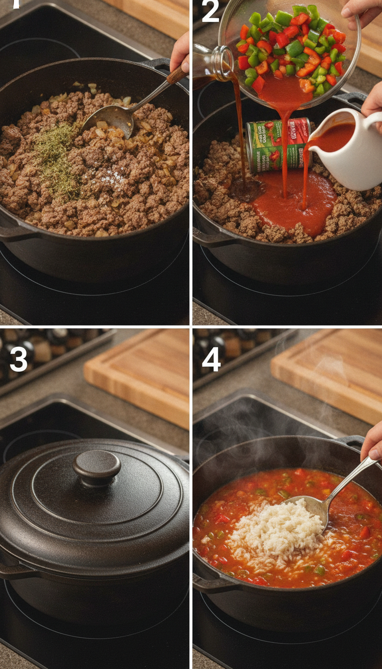 Step by step process of making Easy Stuffed Pepper Soup with Rice showing browning ground beef, adding vegetables, and the final simmering soup