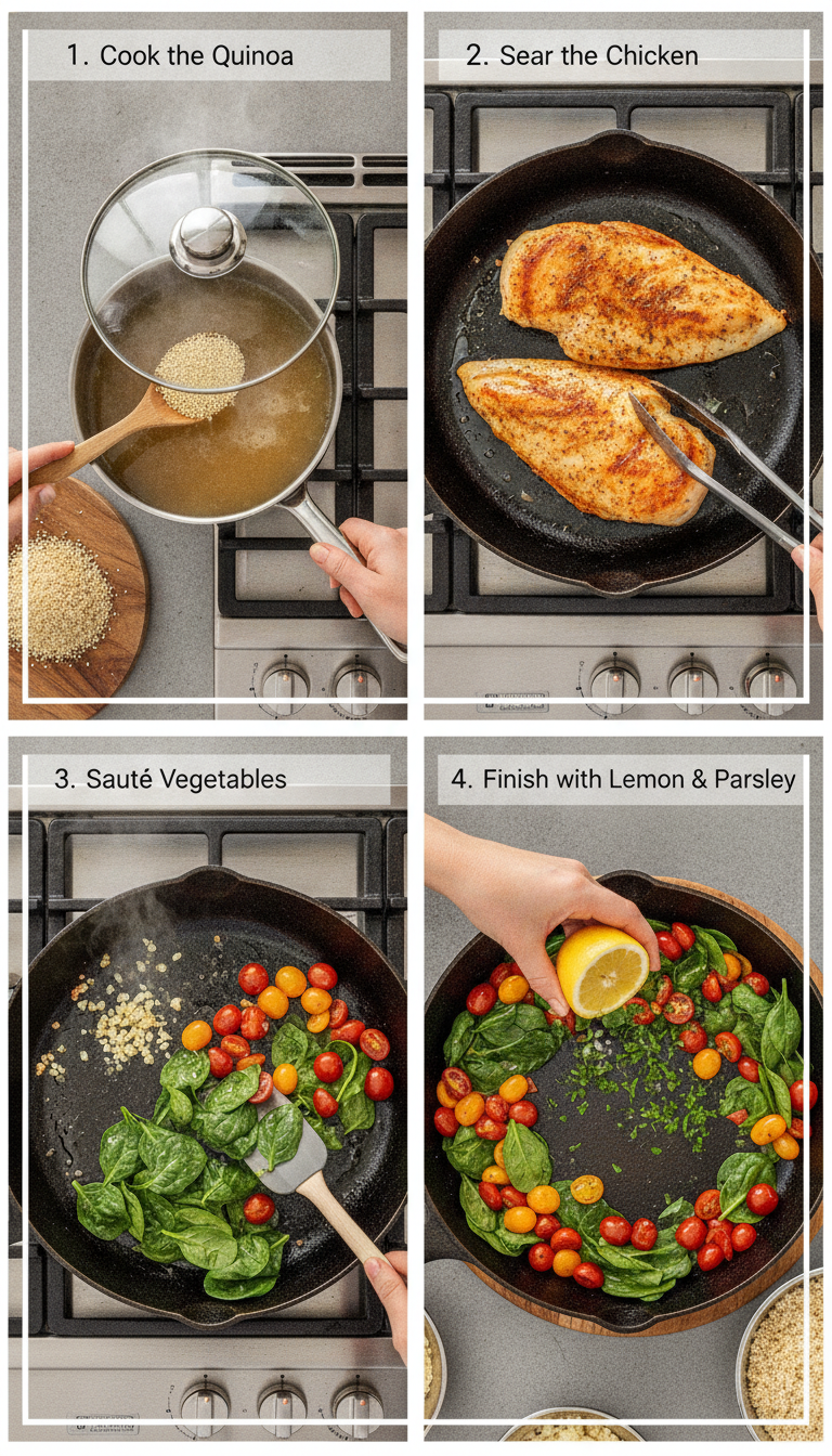 Step-by-step process of cooking garlic lemon chicken quinoa showing quinoa preparation, chicken searing, and vegetable sautéing