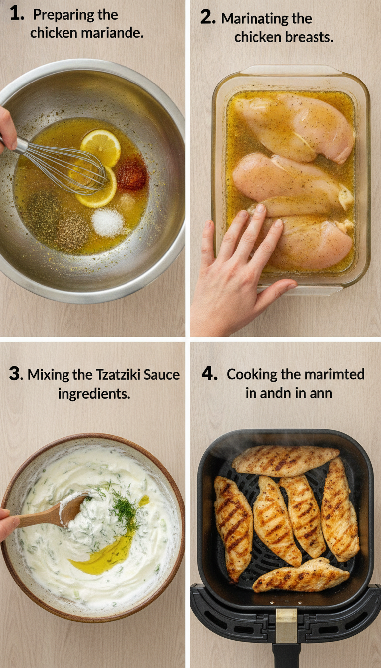 Step-by-step process of preparing Greek chicken bowls showing marinated chicken, prepared vegetables, and assembly stages