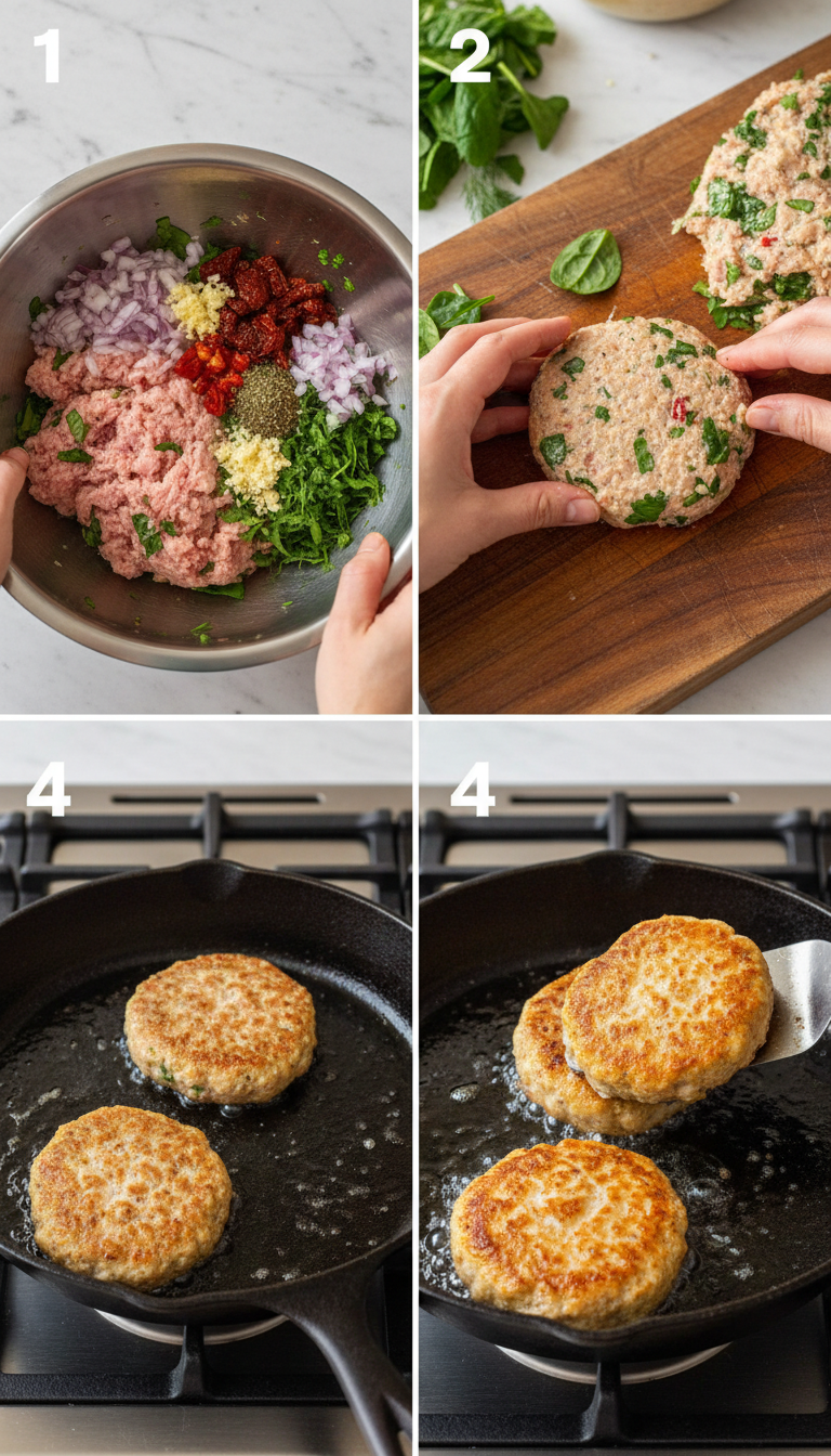 Step-by-step process of making Greek chicken burgers showing mixing ingredients, forming patties, and cooking in a skillet