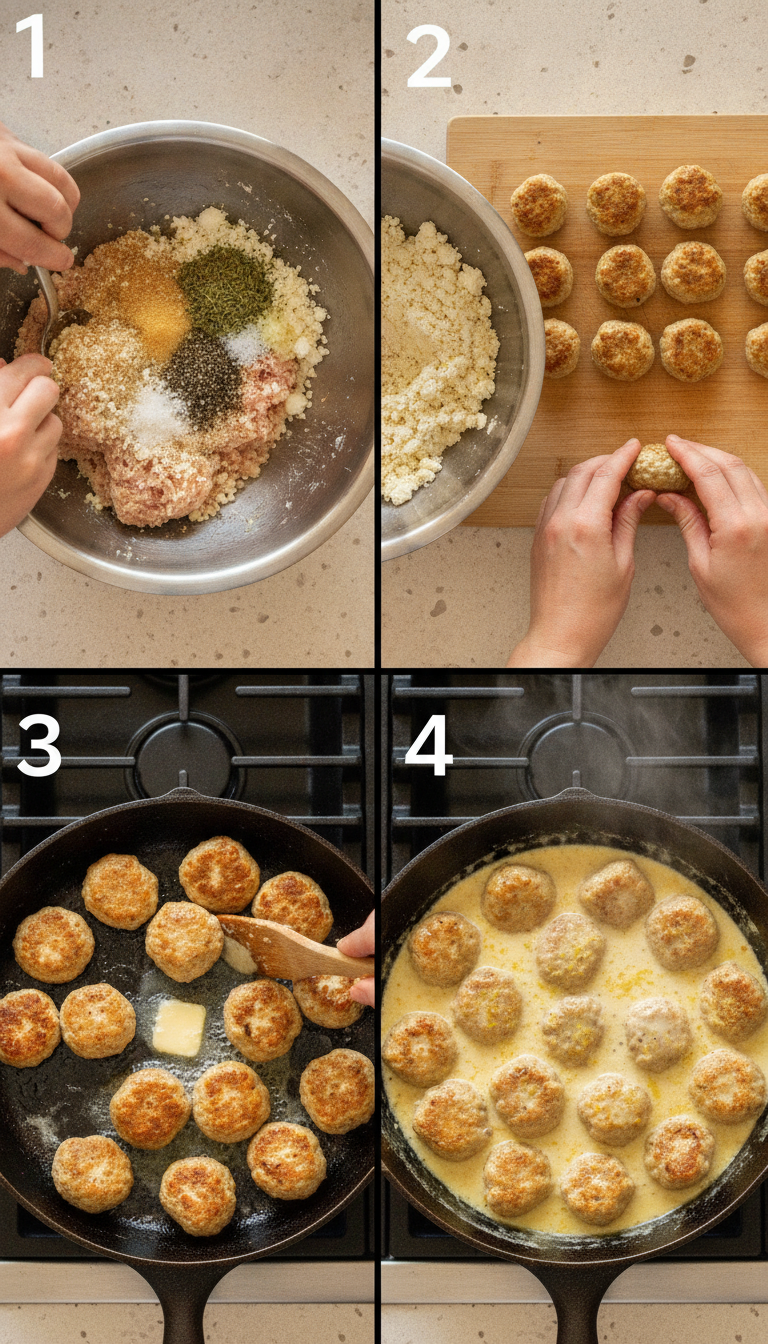 Step by step process of making Greek chicken meatballs showing mixing, forming, and cooking stages