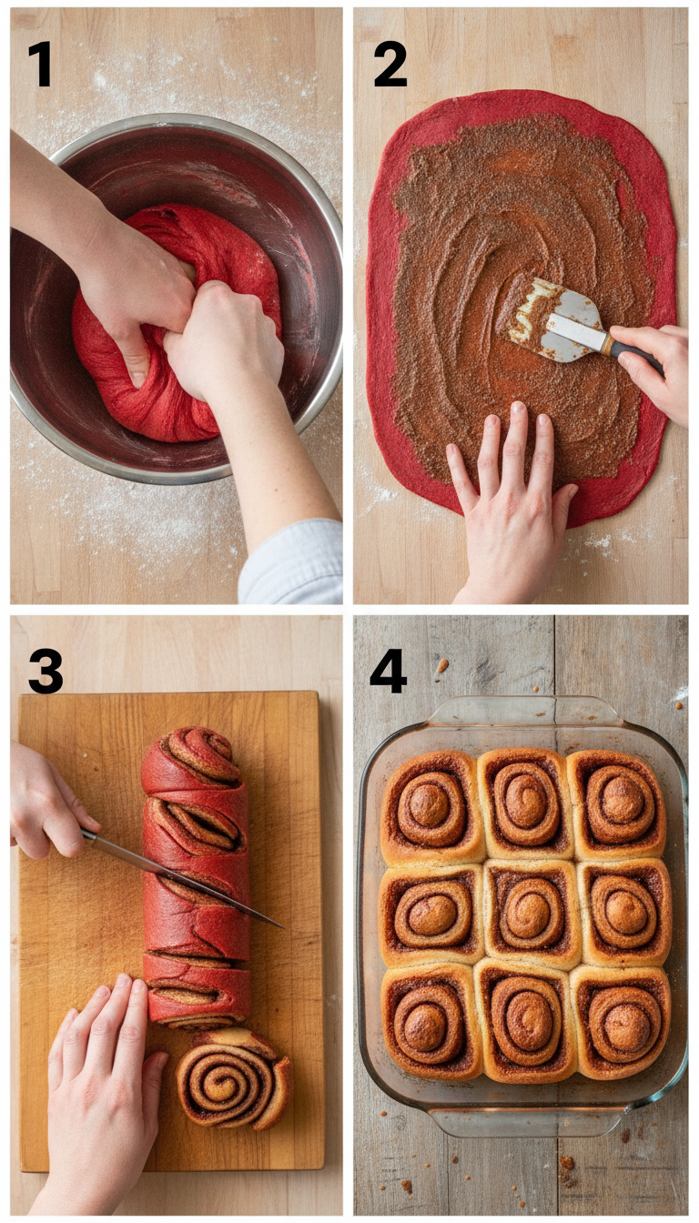 Step-by-step visual guide showing the process of making Heavenly Red Velvet Cinnamon Rolls from mixing dough to final glazed rolls