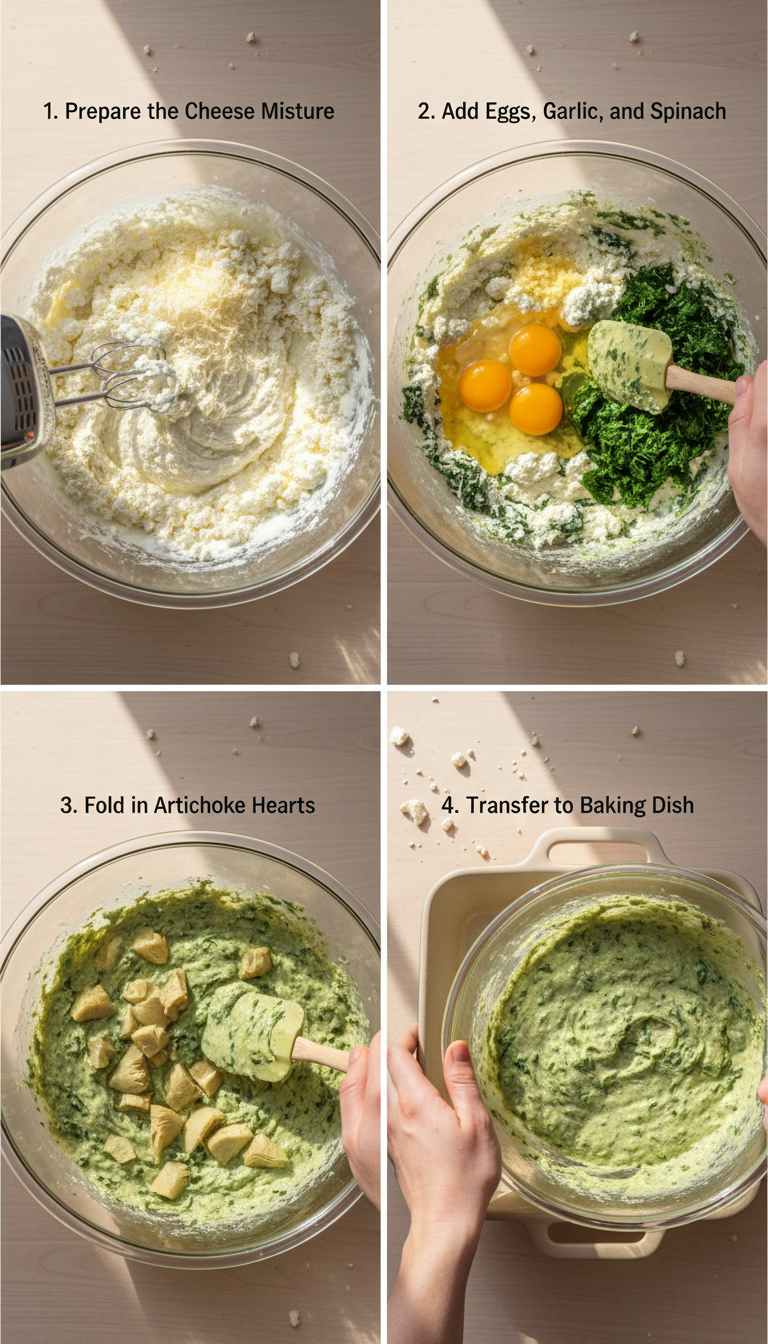 Step-by-step preparation photos showing mixing technique, baking dish arrangement, and golden-brown finished high protein spinach artichoke bake
