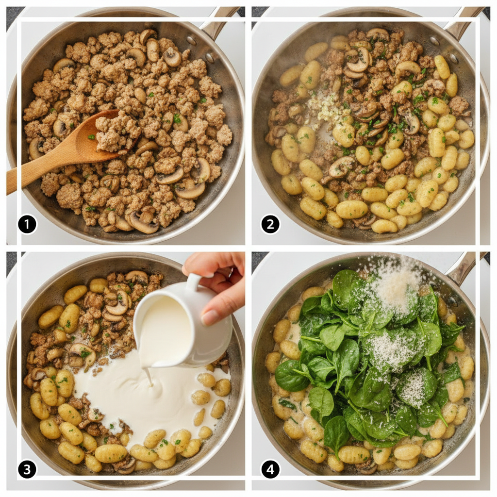 Step by step cooking process showing Italian sausage browning in cast iron skillet, mushrooms being added, and final creamy gnocchi dish with spinach and Parmesan