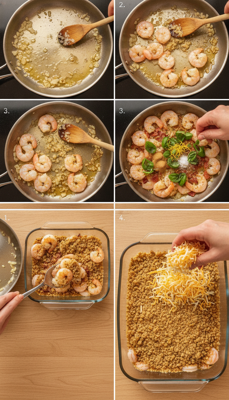 Step-by-step preparation of Keto Garlic Shrimp Au Gratin showing shrimp being sautéed with garlic and onions, then transferred to baking dish with cheese topping