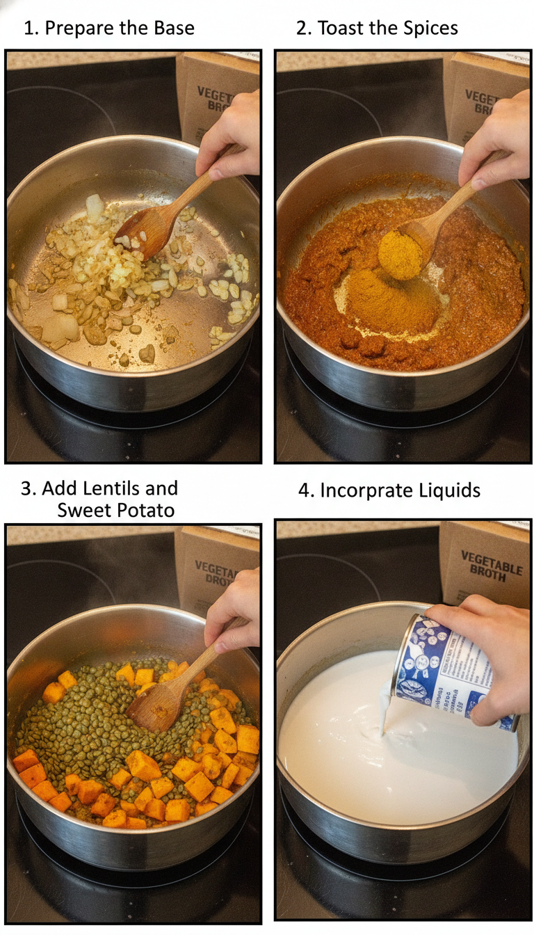 Step by step process of making lentil and sweet potato curry showing sautéing aromatics, adding spices, and the final creamy curry
