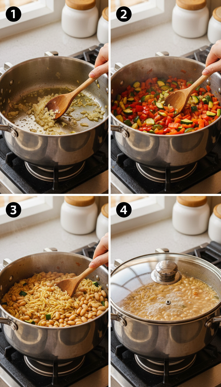 Step-by-step cooking process showing sautéed vegetables, toasted orzo, and the final Mediterranean Orzo and Beans dish