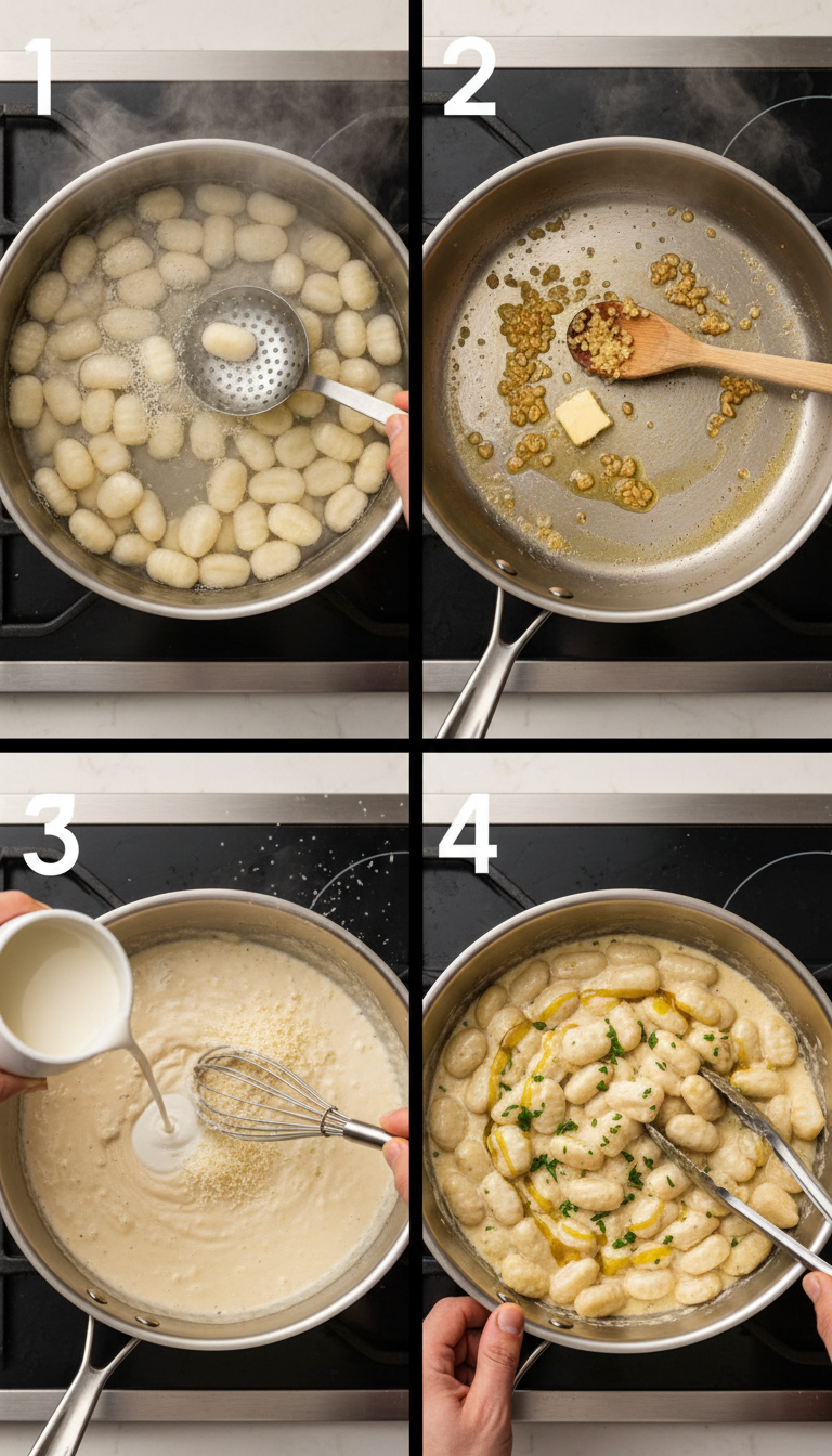 Step-by-step process of making millionaire gnocchi with creamy sauce showing boiling gnocchi, sautéing garlic, and combining with cream sauce