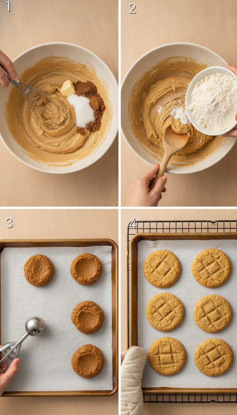 Step-by-step visual guide showing the cookie dough preparation process from mixing ingredients to final baked cookies