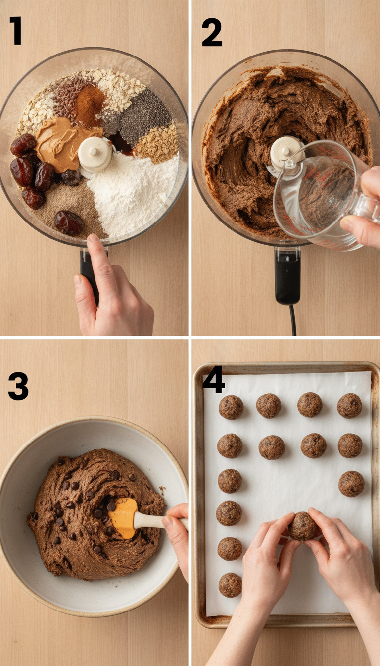 Step-by-step process showing food processor with oat mixture, adding water, mixing in chocolate chips, and forming energy bites on parchment paper