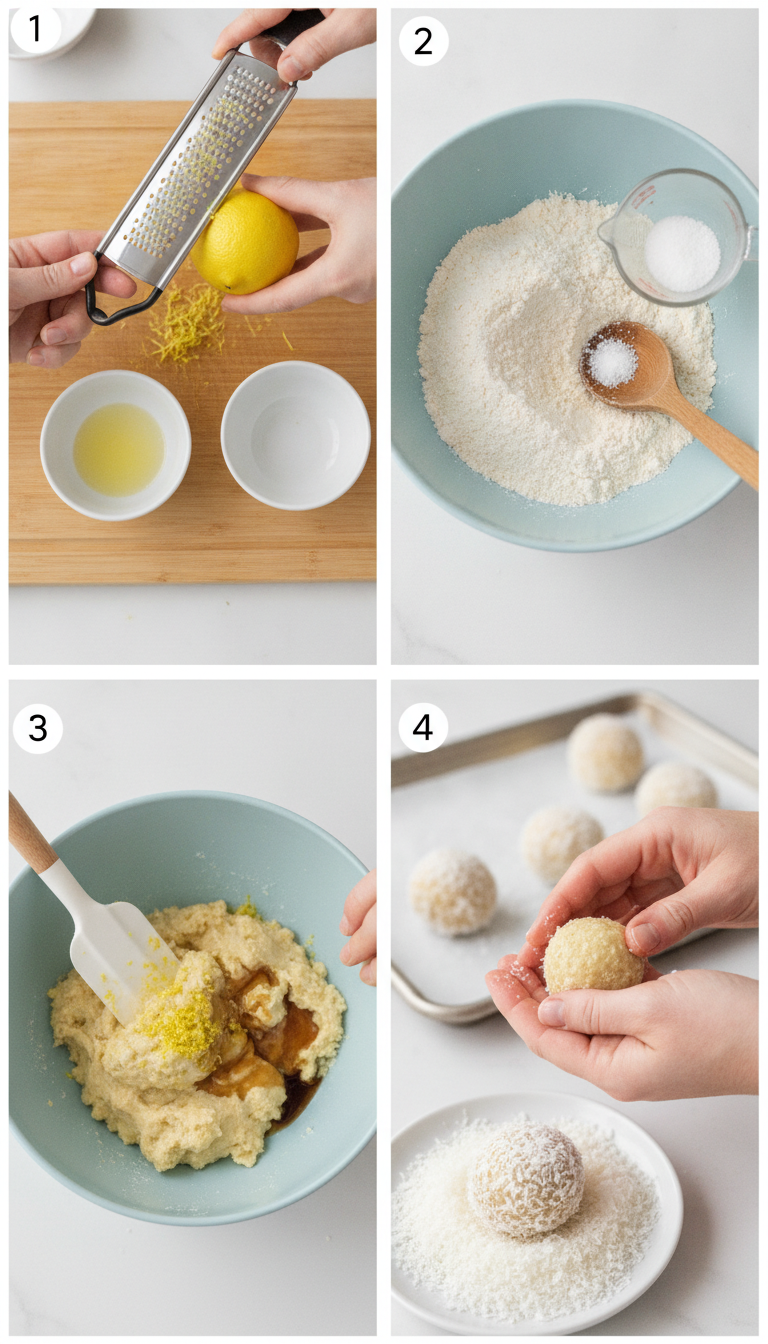 Step-by-step process showing lemon zesting, mixing ingredients, rolling dough into balls, and coating with coconut