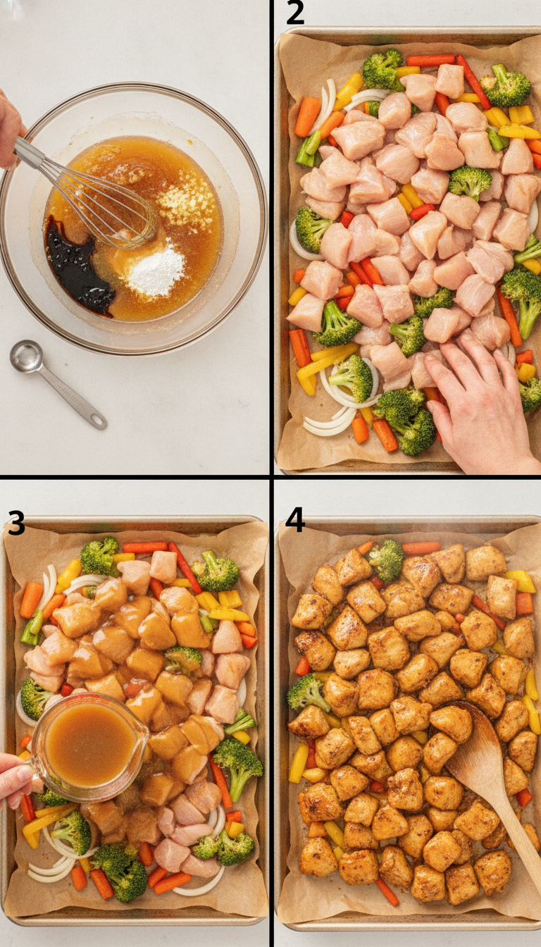 Step by step visual guide showing the preparation and cooking process of One Pan Honey Garlic Chicken and Veggies from raw ingredients to finished dish