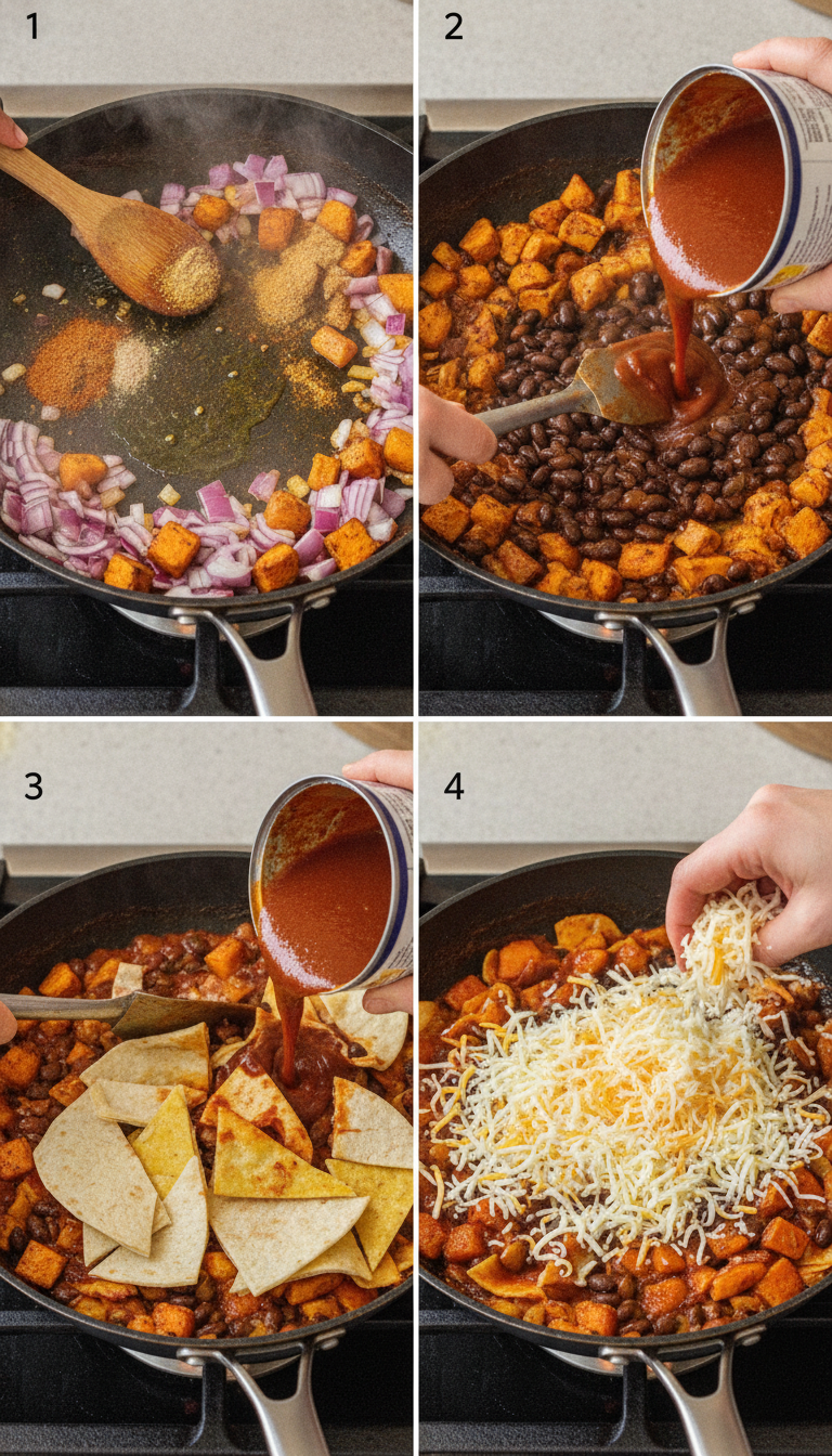 Step-by-step cooking process showing the One-Pan Vegetarian Enchilada Skillet with Sweet Potatoes and Black Beans being prepared