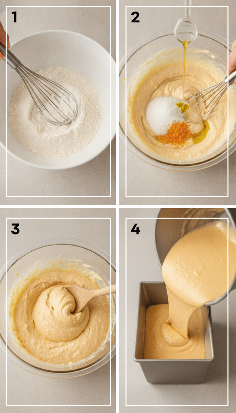 Step-by-step visual guide showing Orange Loaf Cake preparation from mixing to finished golden loaf