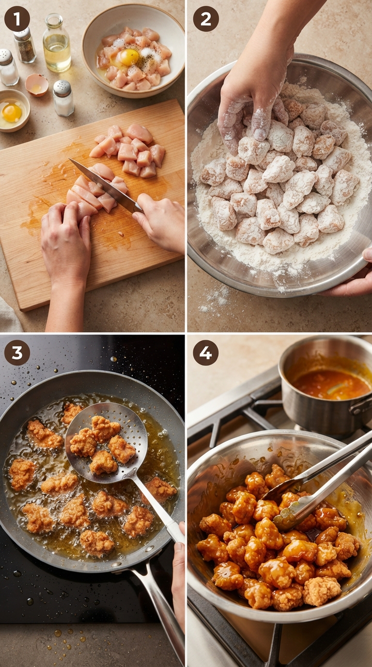 Step-by-step visual guide showing the process of creating Panda Express Orange Chicken from raw ingredients to final plated dish
