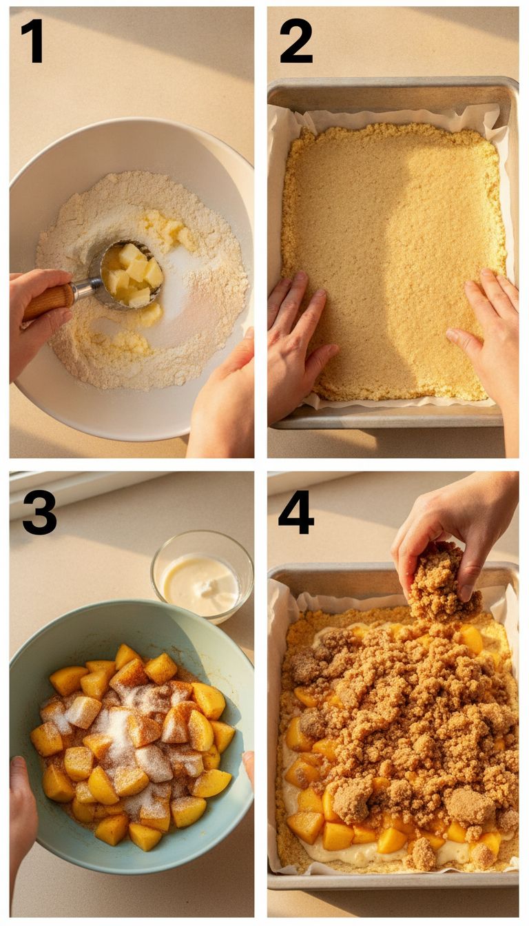 Step by step process of making peaches and cream crumble bars showing layering technique and golden baking stages