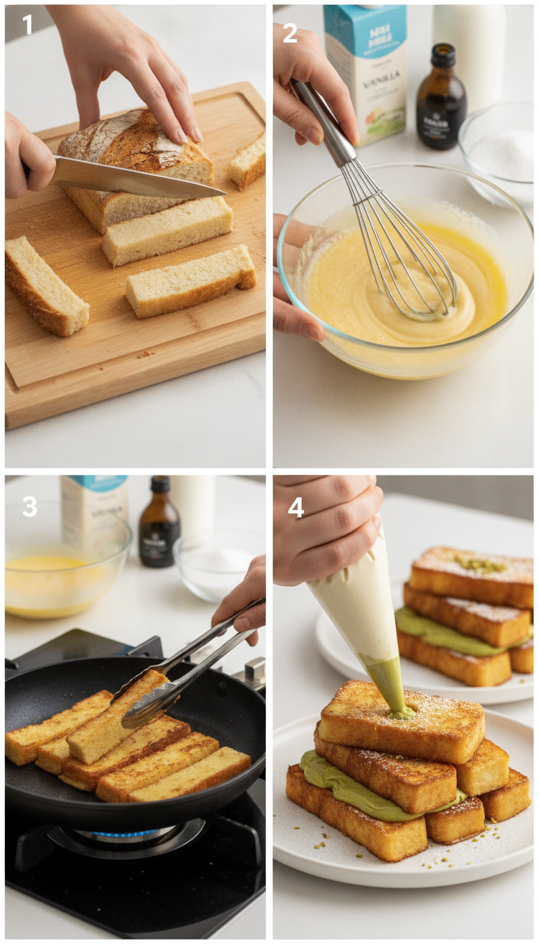 Step by step process showing bread being cut, dipped in egg mixture, fried until golden, and filled with pistachio cream