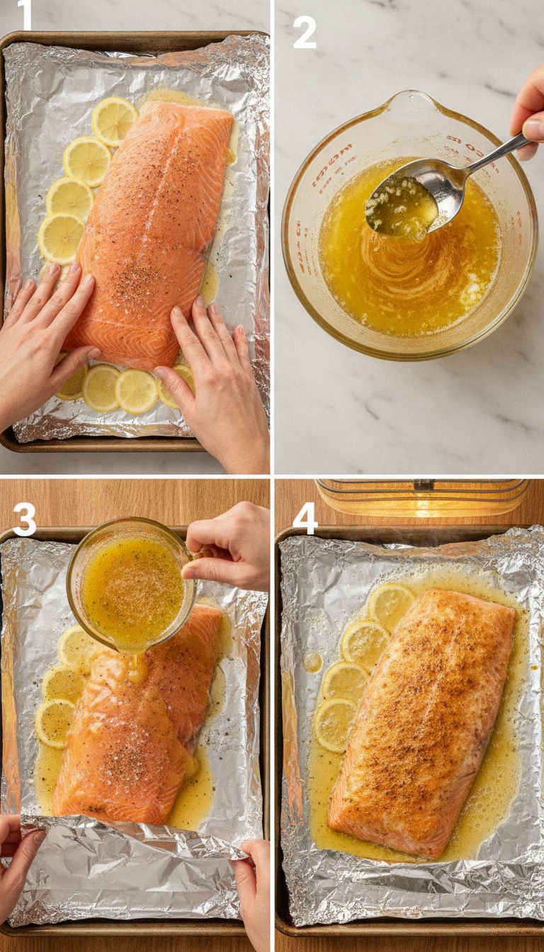 Step-by-step process showing salmon being prepared in foil with lemon slices and garlic butter mixture