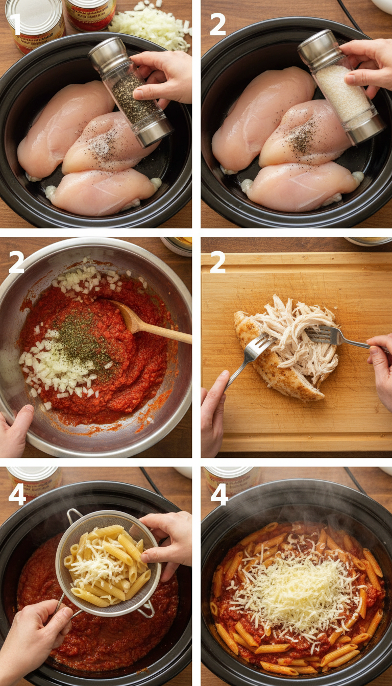Step by step process of making slow cooker chicken parmesan pasta showing each cooking stage