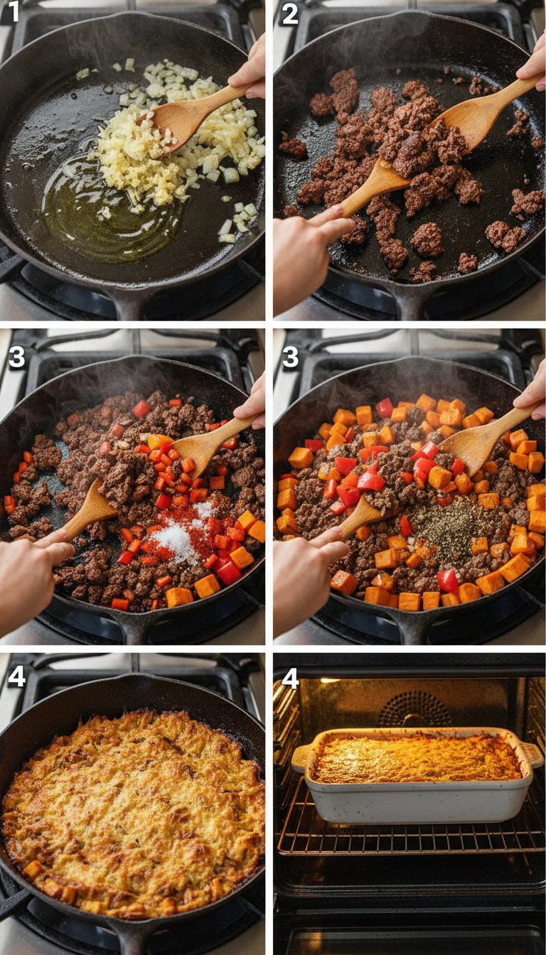 Step by step preparation of smoked beef sweet potato bake showing sautéing aromatics, browning beef, and layering ingredients in baking dish