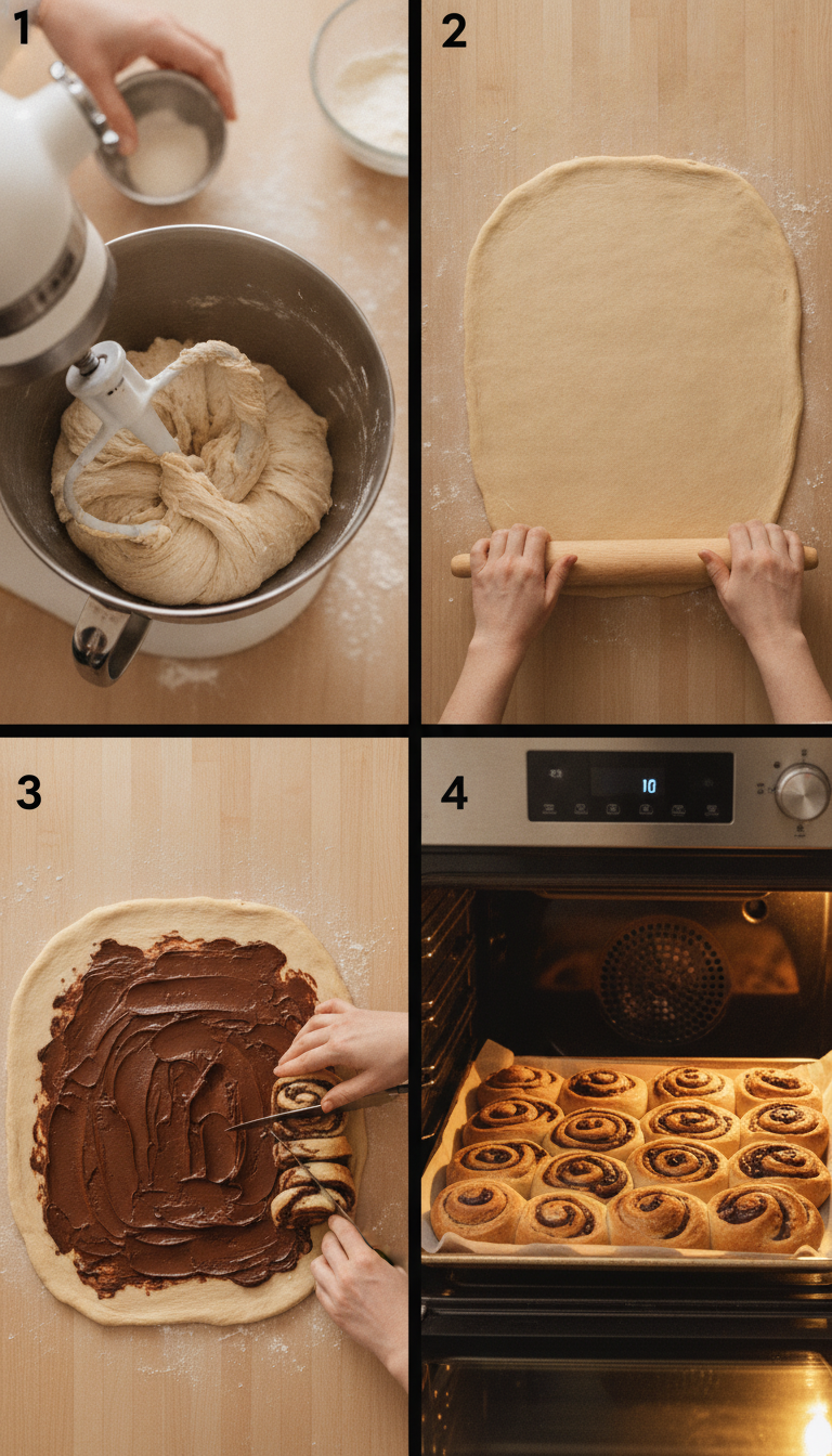 Step-by-step visual guide showing the process of making sourdough chocolate rolls from mixing to final baked product