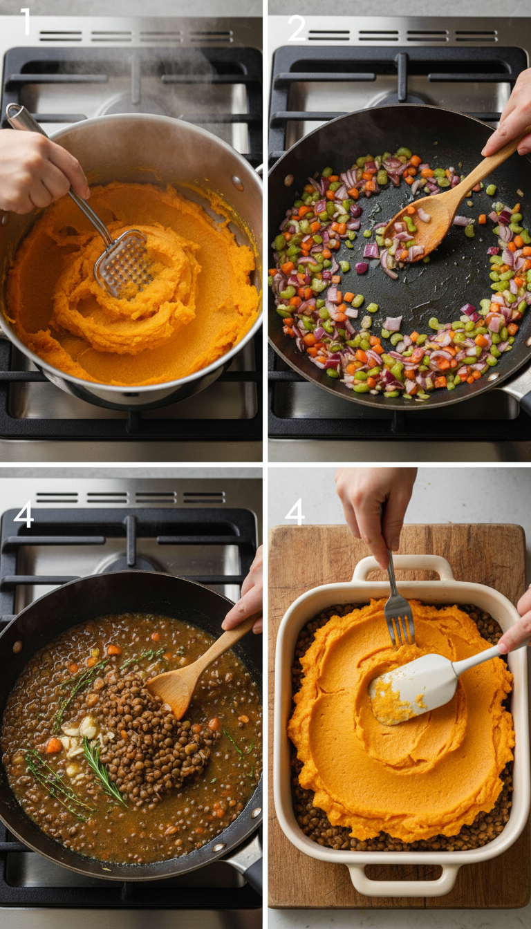 Step-by-step preparation photos showing sweet potato mashing, lentil cooking, and assembly of shepherd's pie