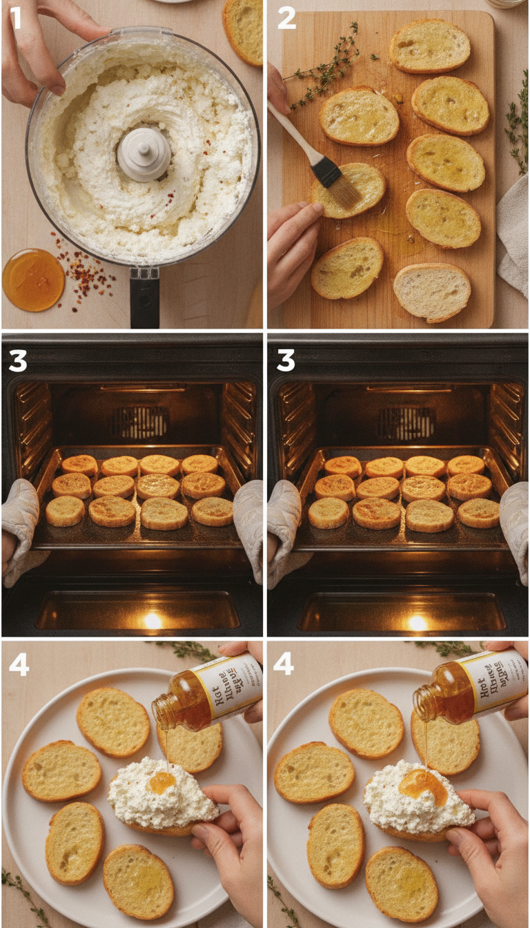 Step-by-step process showing whipped feta mixture in food processor, baguette slices being brushed with olive oil, and final assembled crostini drizzled with hot honey