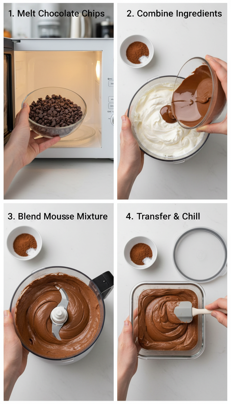 Step-by-step process showing melting chocolate, mixing with yogurt, and the final smooth mousse texture
