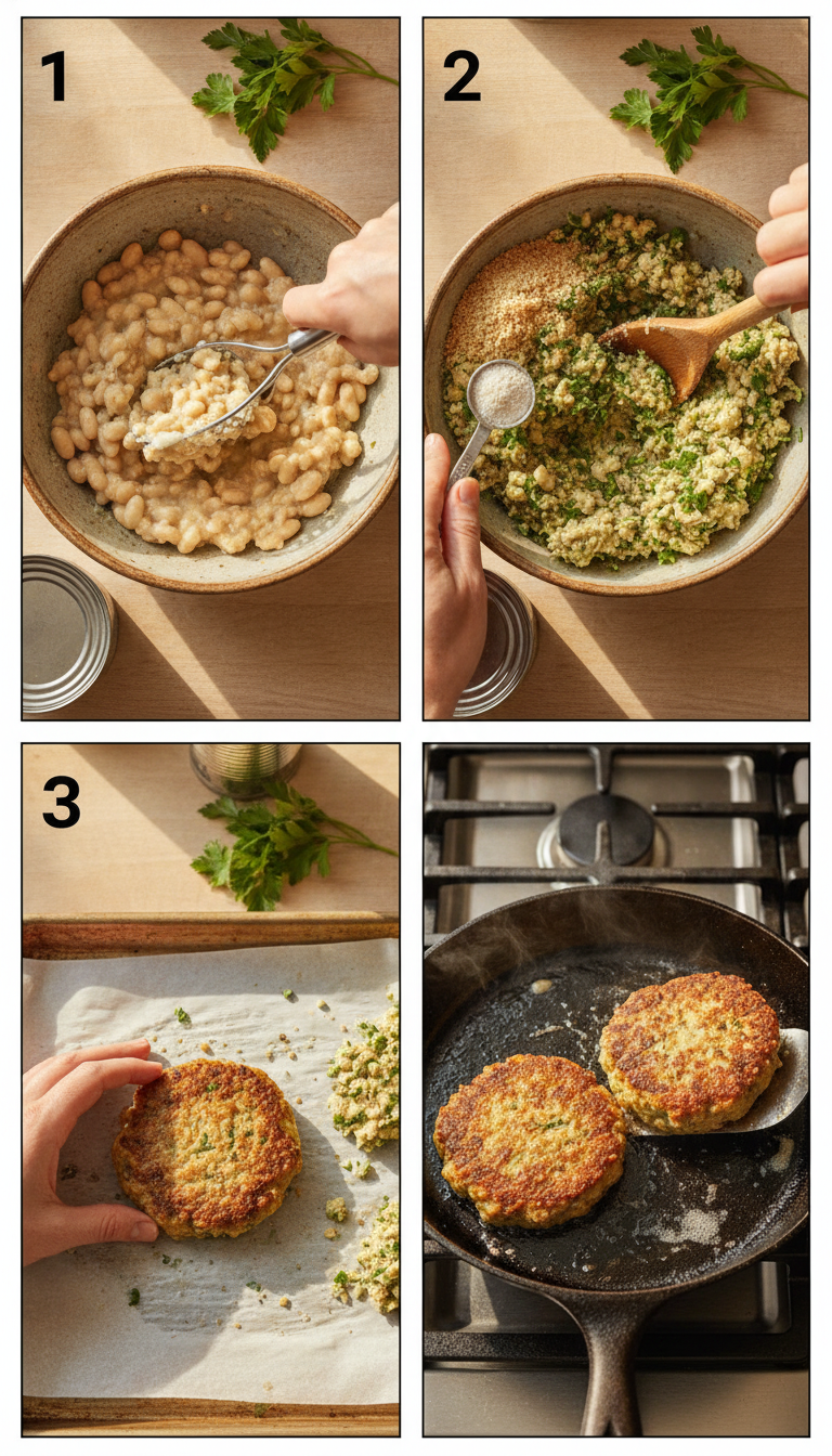 Step by step process of making white bean veggie burgers from mashing beans to golden pan-seared patties