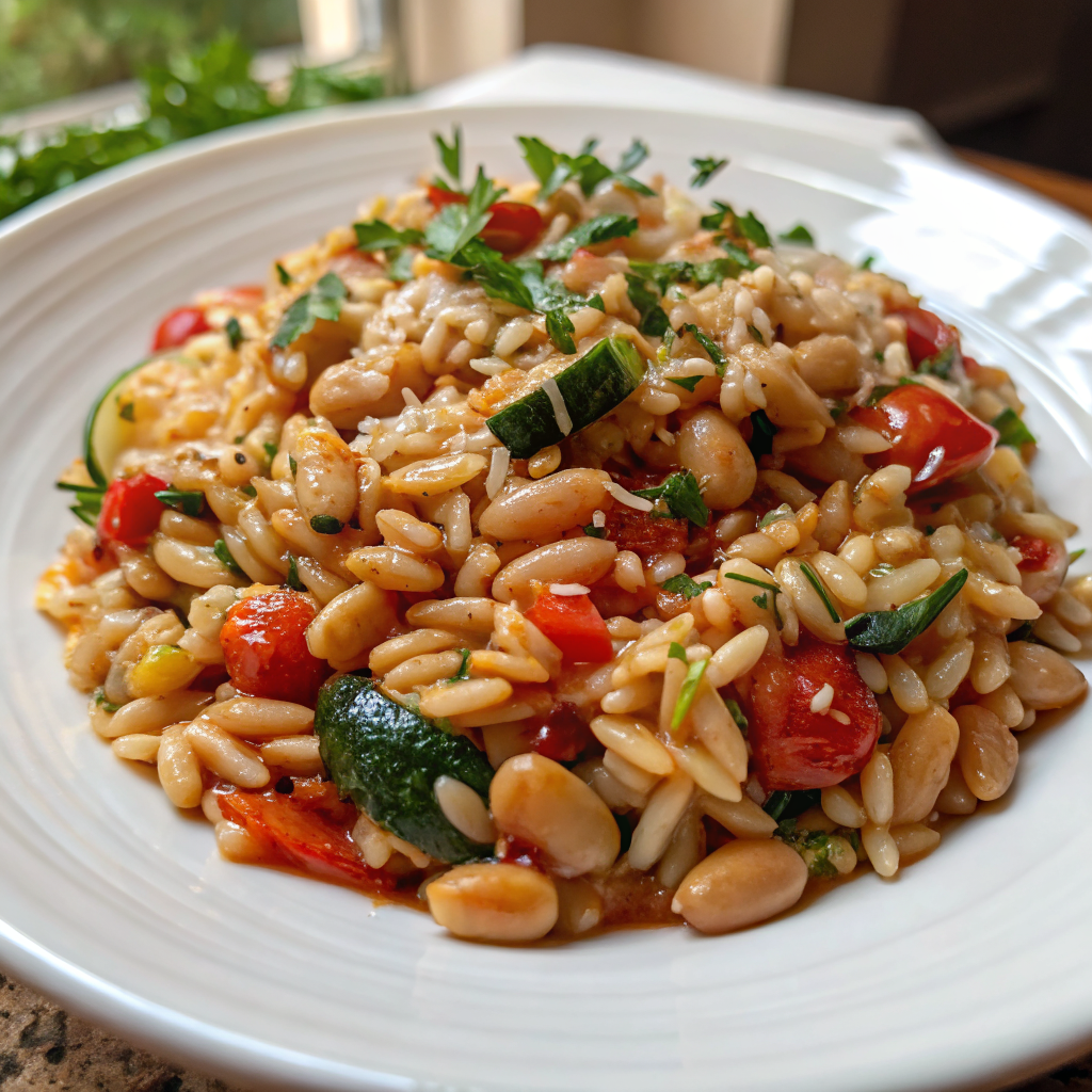 Final plated Mediterranean Orzo and Beans garnished with fresh parsley and served in a rustic ceramic bowl
