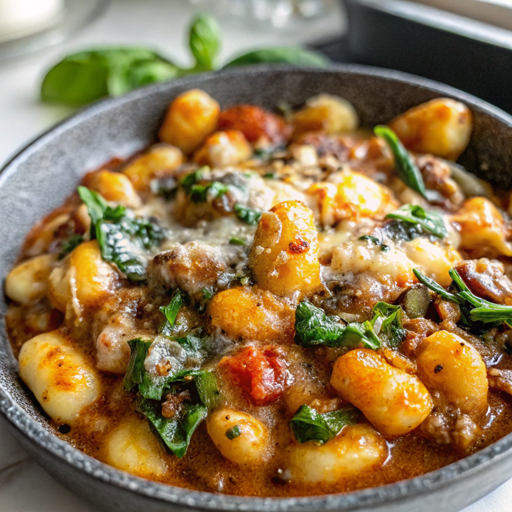 Beautiful finished Italian Sausage Gnocchi Skillet in cast iron pan with golden brown sausage, creamy white sauce, vibrant green spinach, and melted Parmesan cheese, garnished with fresh herbs